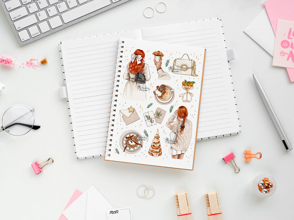 Christmas Stickers Happy New Year Fashion Girl Printable Art Digital Download Wall Art