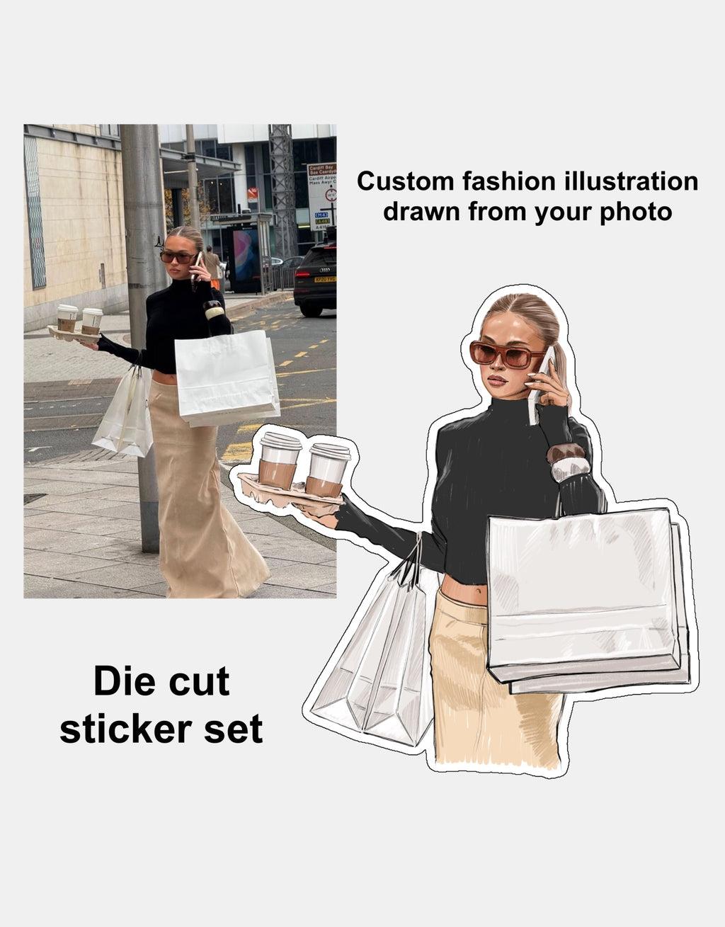 Custom Fashion Portrait from Photo | Die Cut Sticker Set | Chic Lifestyle Illustration | Personalized Gift