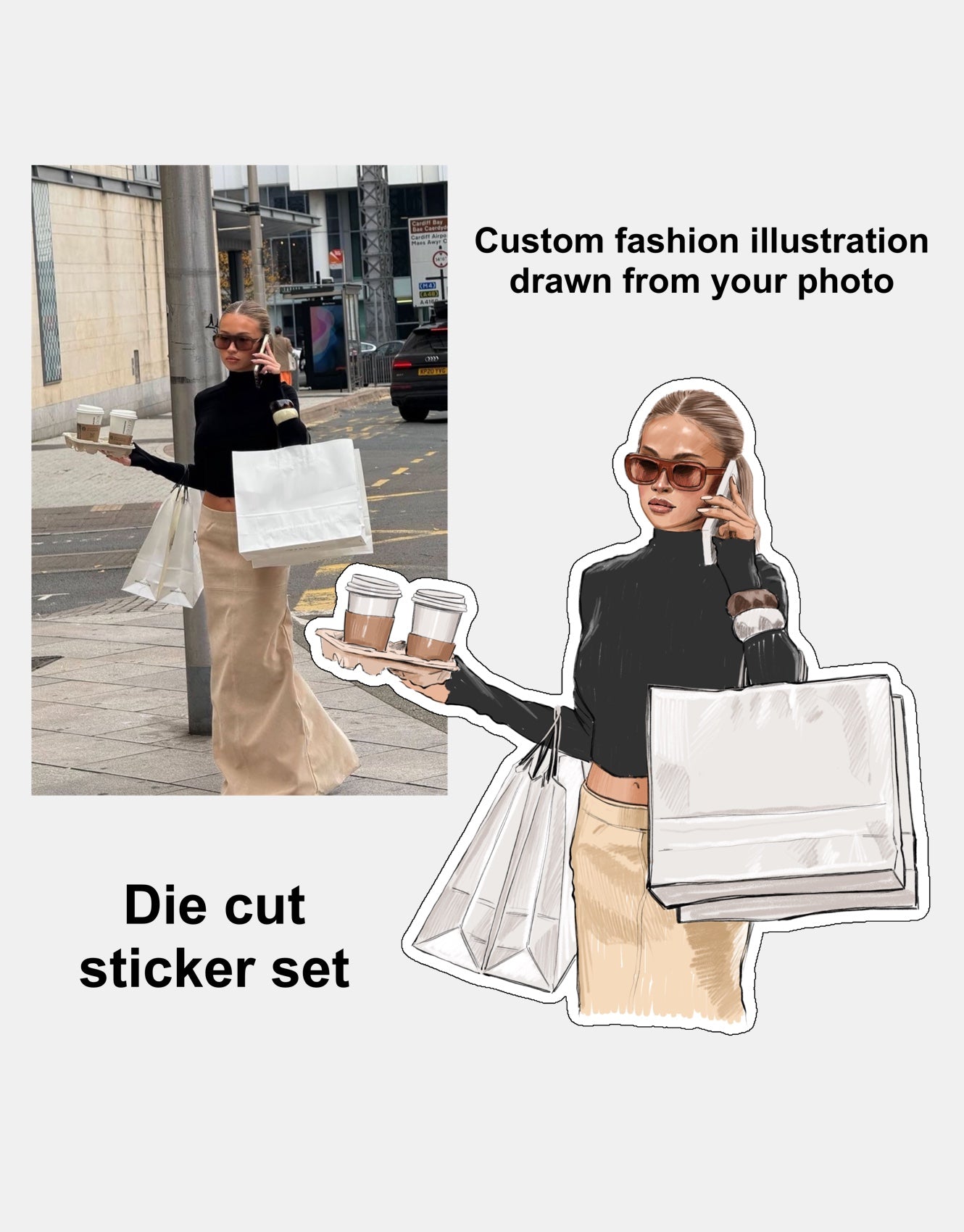 Custom Fashion Portrait from Photo | Die Cut Sticker Set | Chic Lifestyle Illustration | Personalized Gift