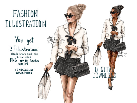 Digital Watercolor Illustration Fashion Girl Paris Drawing Art Sketch Black Girl Clipart Shopping Bag Black Ribbon Fashion Shoes