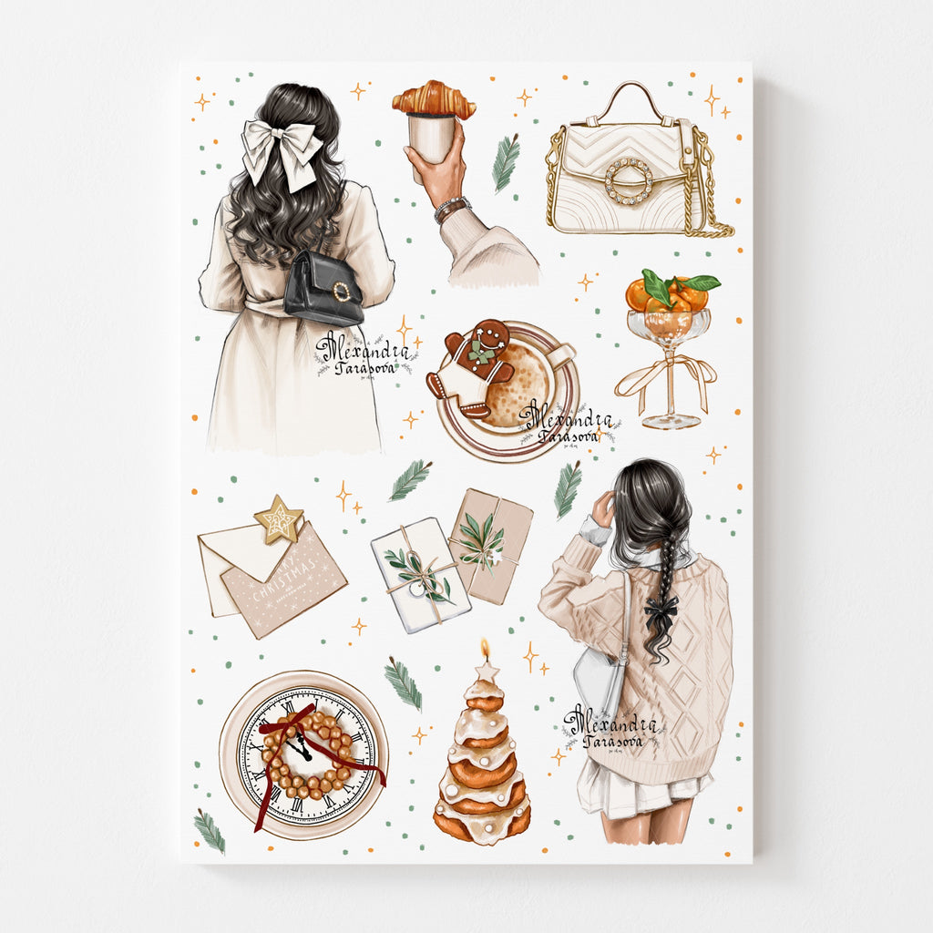 Christmas Stickers Happy New Year Fashion Girl Printable Art Digital Download Wall Art