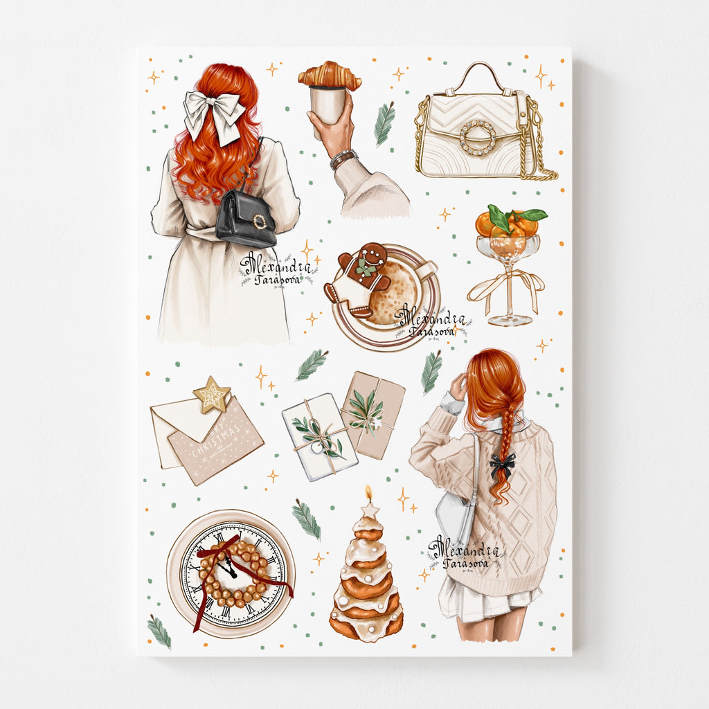 Christmas Stickers Happy New Year Fashion Girl Printable Art Digital Download Wall Art