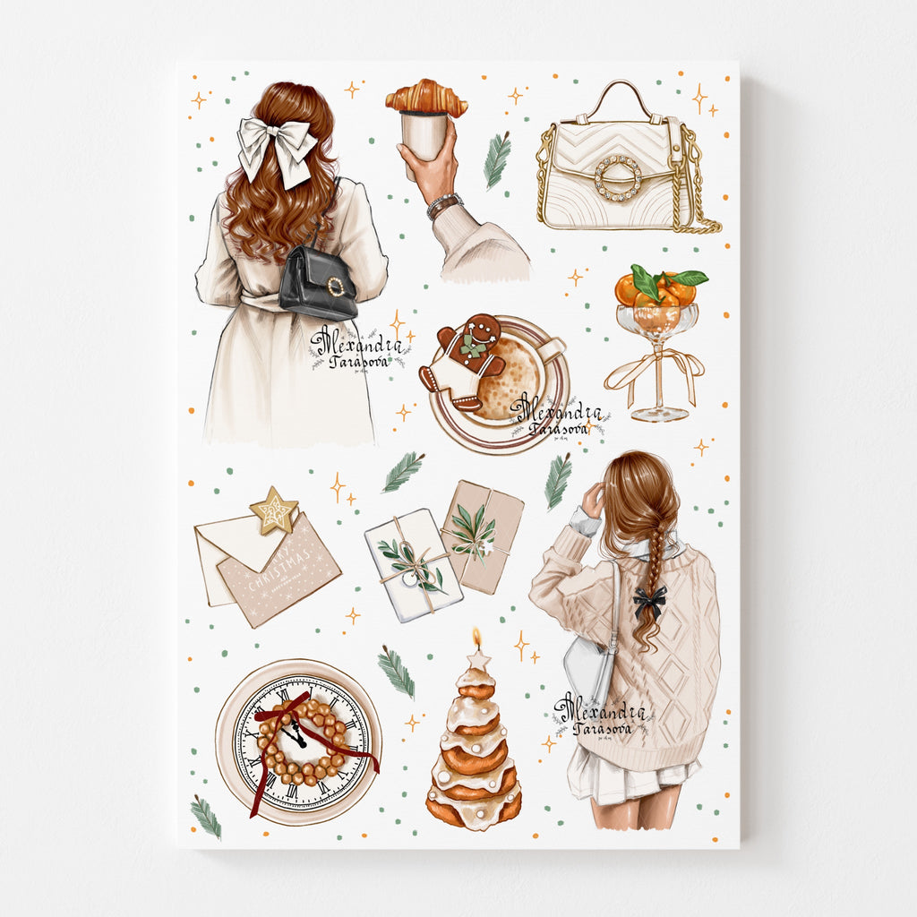 Christmas Stickers Happy New Year Fashion Girl Printable Art Digital Download Wall Art