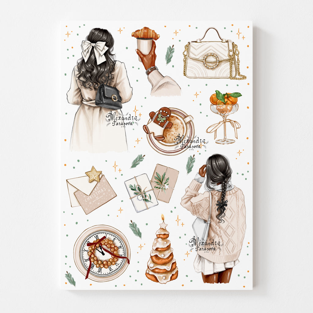 Christmas Stickers Happy New Year Fashion Girl Printable Art Digital Download Wall Art
