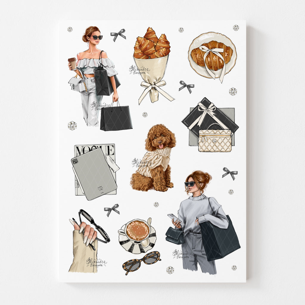 Parisian Coffee & Fashion Girl Sticker Sheet Digital Download | Cozy Aesthetic Planner Stickers | Neutral Paper Stickers