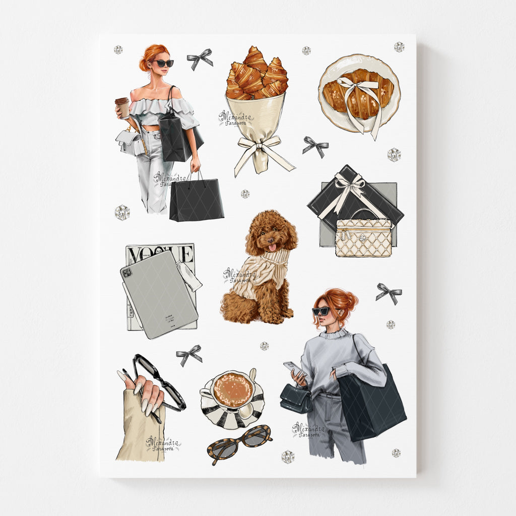 Parisian Coffee & Fashion Girl Sticker Sheet Digital Download | Cozy Aesthetic Planner Stickers | Neutral Paper Stickers