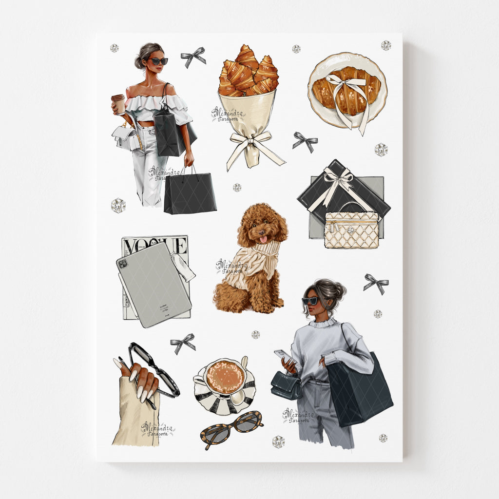 Parisian Coffee & Fashion Girl Sticker Sheet Digital Download | Cozy Aesthetic Planner Stickers | Neutral Paper Stickers