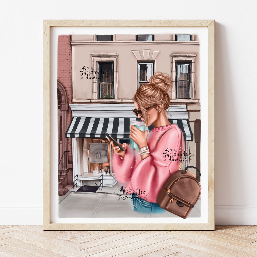 Fashion Girl Pink Sweater Coffee Cup Printable Wall Art Home Decor Digital Download