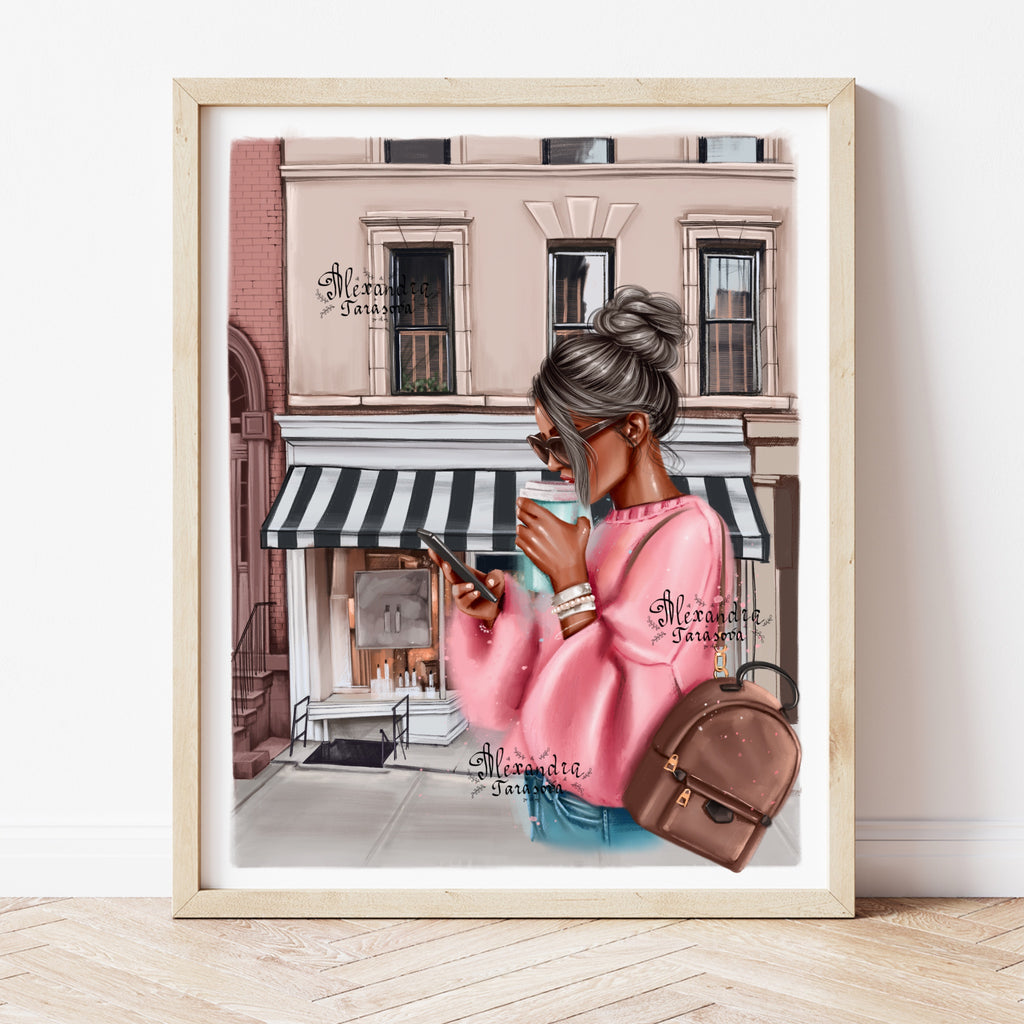 Fashion Girl Pink Sweater Coffee Cup Printable Wall Art Home Decor Digital Download