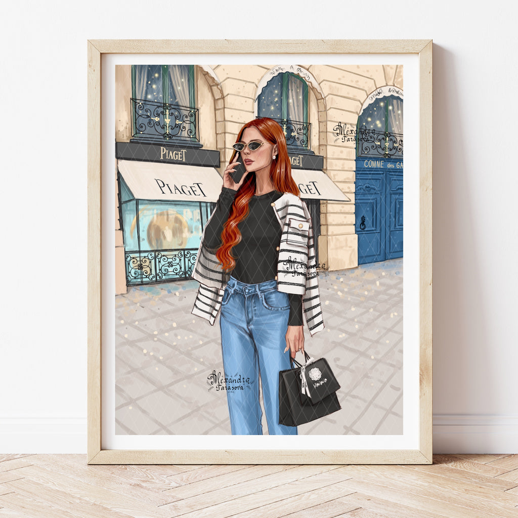 Digital Download Fashion Illustration Beauty Girl Shopping Bag Printable Art Hand Drawn