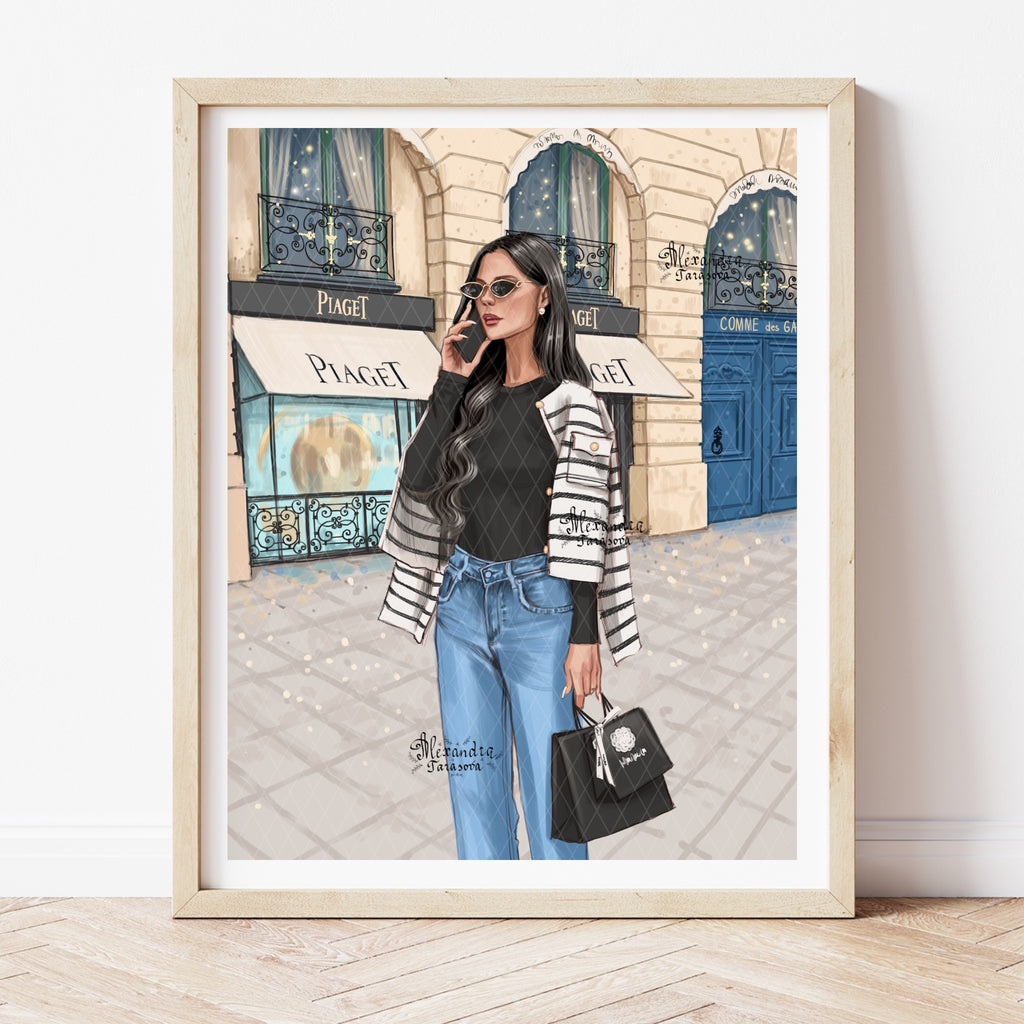 Digital Download Fashion Illustration Beauty Girl Shopping Bag Printable Art Hand Drawn