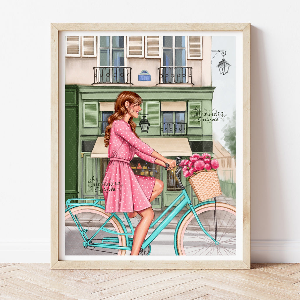 Digital Download Fashion Illustration Paris Street Beauty Girl Pink Dress Printable Wall Art Home Decor