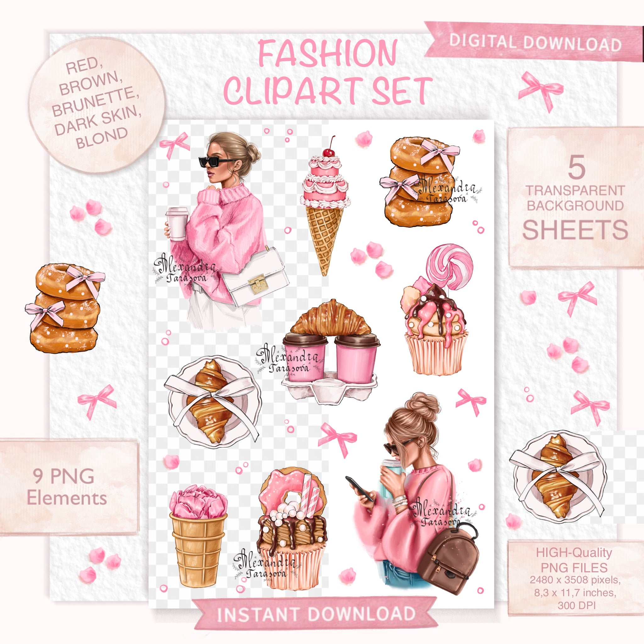 Girly Pink Set Clipart Printable Wall Art Home Decor Digital Download