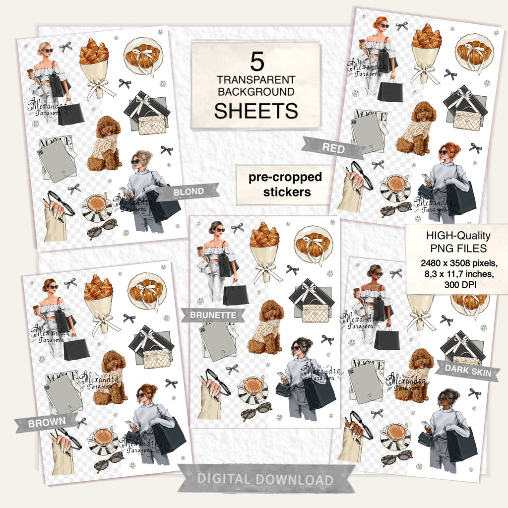 Parisian Coffee & Fashion Girl Sticker Sheet Digital Download | Cozy Aesthetic Planner Stickers | Neutral Paper Stickers