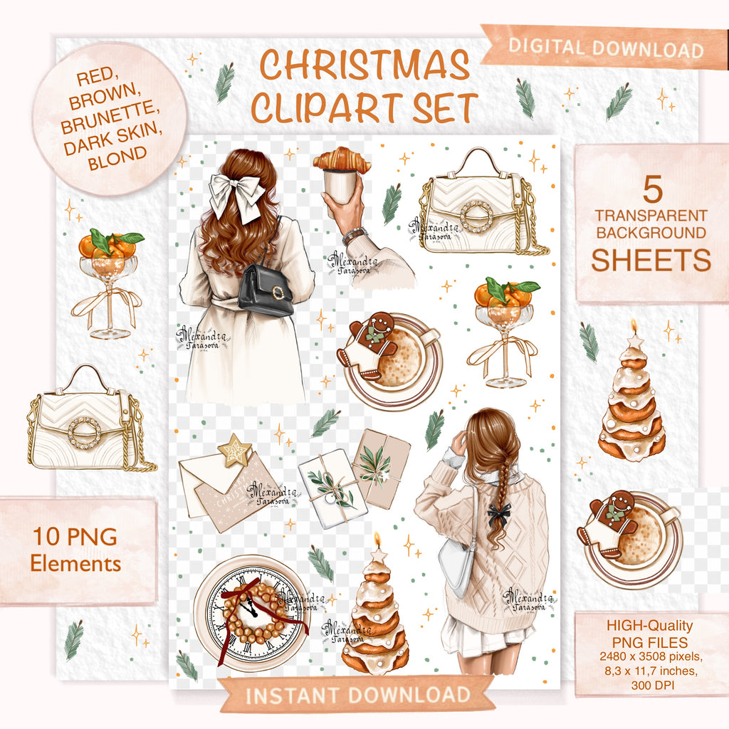 Christmas Stickers Happy New Year Fashion Girl Printable Art Digital Download Wall Art