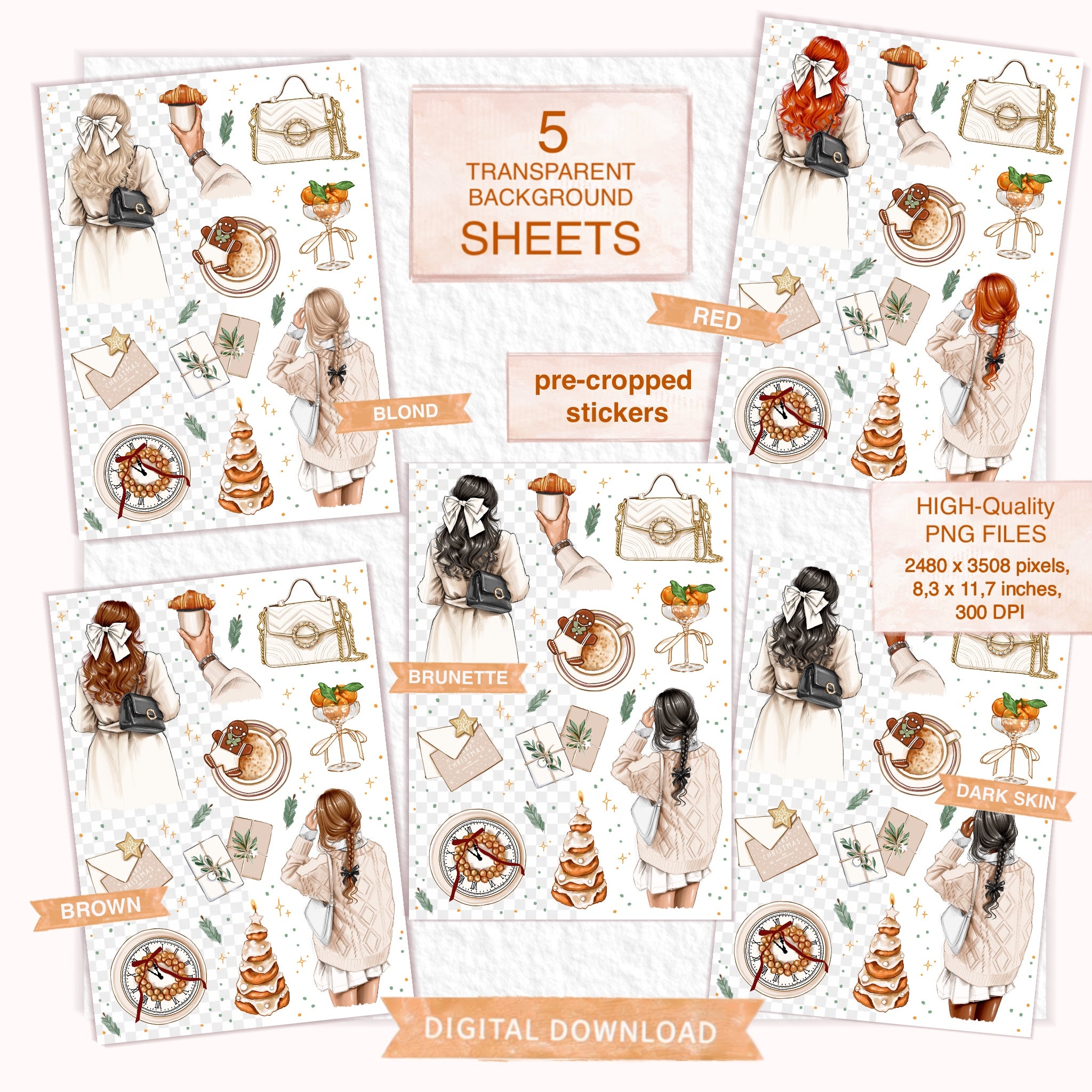 Christmas Stickers Happy New Year Fashion Girl Printable Art Digital Download Wall Art