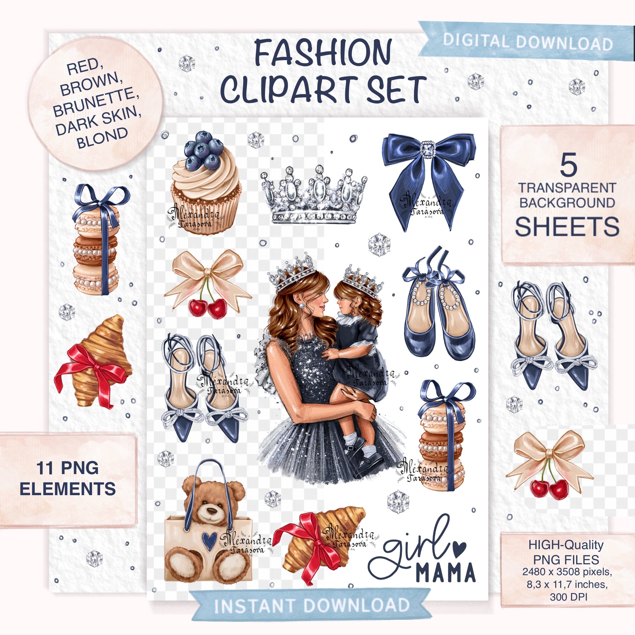 Digital Download Fashion Stickers Mother And Daughter Printable Art