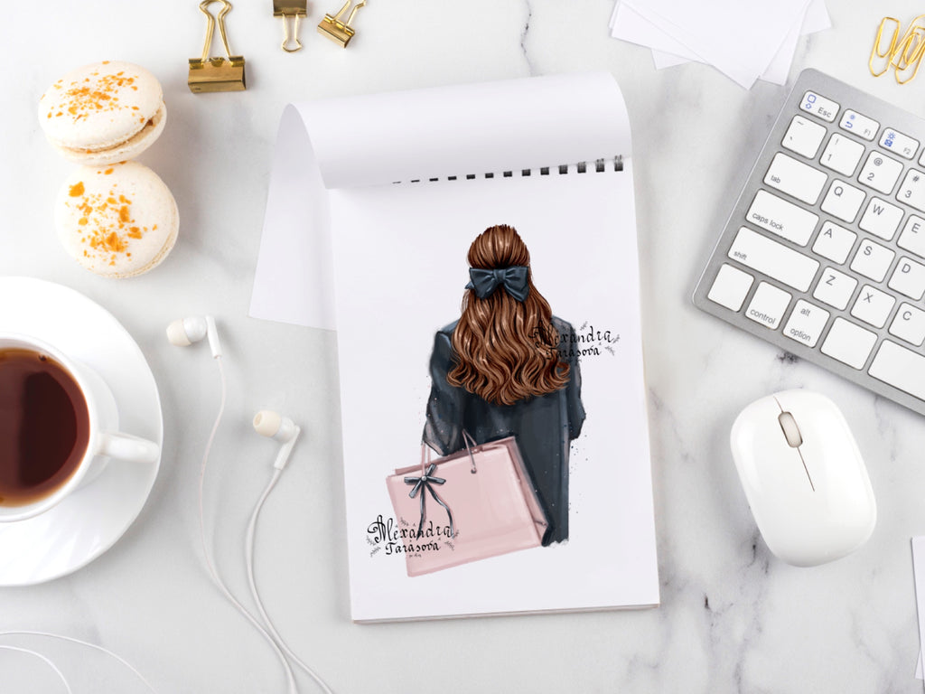 Digital Watercolor Illustration Fashion Girl Black Jacket Shopping Pink Bag Trendy Hairstyles