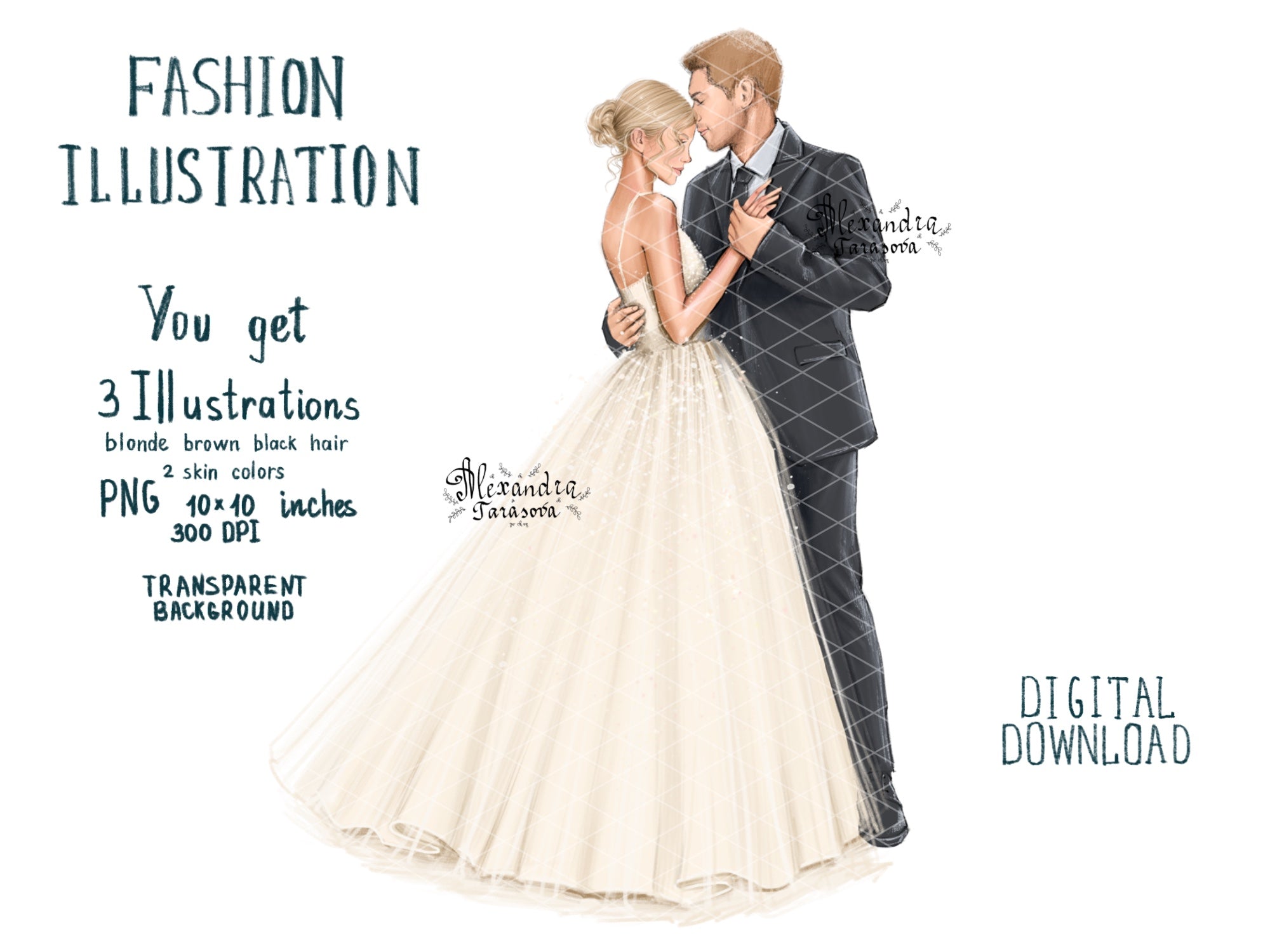 Instant Download Wedding Illustration Bride And Groom Drawing Style Trendy Hairstyles Clipart Stickers Picture
