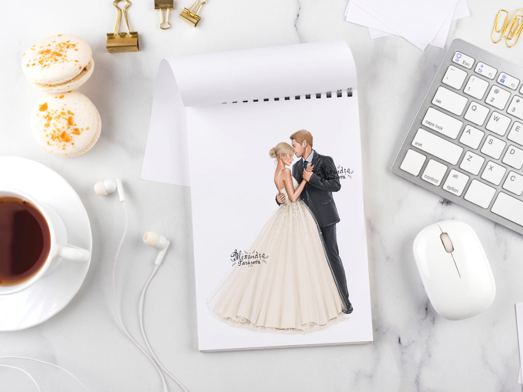 Instant Download Wedding Illustration Bride And Groom Drawing Style Trendy Hairstyles Clipart Stickers Picture
