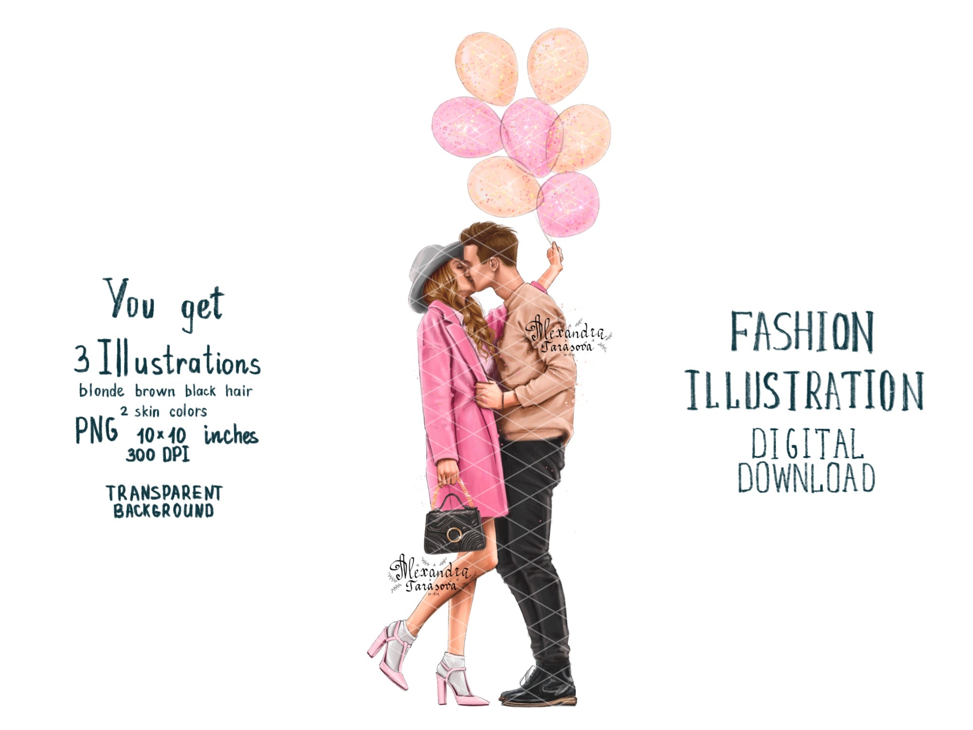 Digital Watercolor Illustration Fashion Drawing Instant Download Love Couple Pink Printable Art 14 February Clipart Stickers