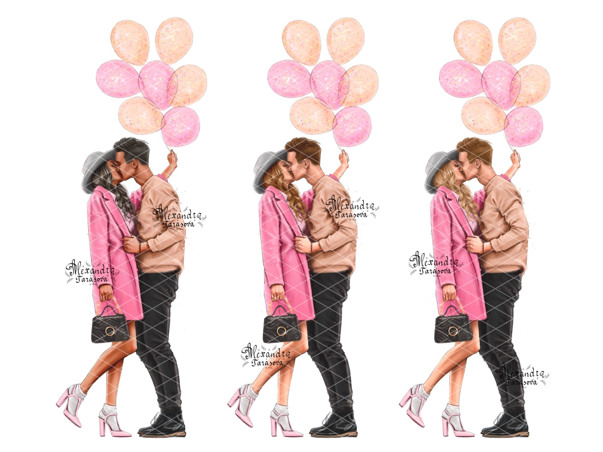 Digital Watercolor Illustration Fashion Drawing Instant Download Love Couple Pink Printable Art 14 February Clipart Stickers