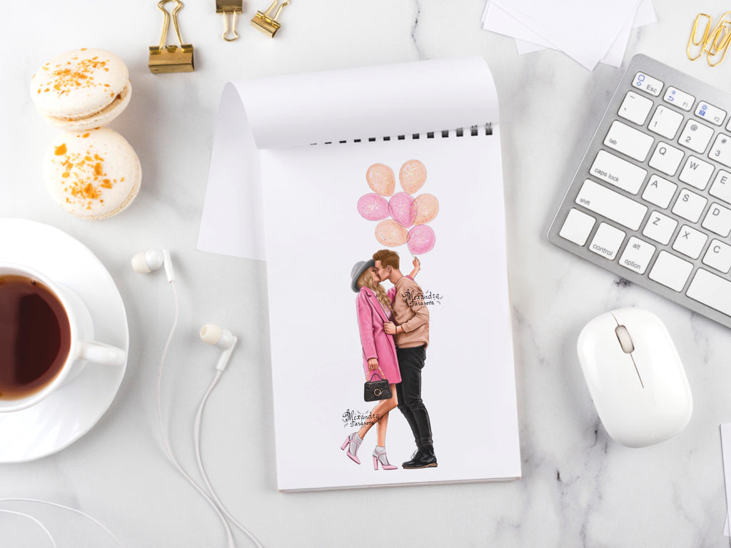 Digital Watercolor Illustration Fashion Drawing Instant Download Love Couple Pink Printable Art 14 February Clipart Stickers