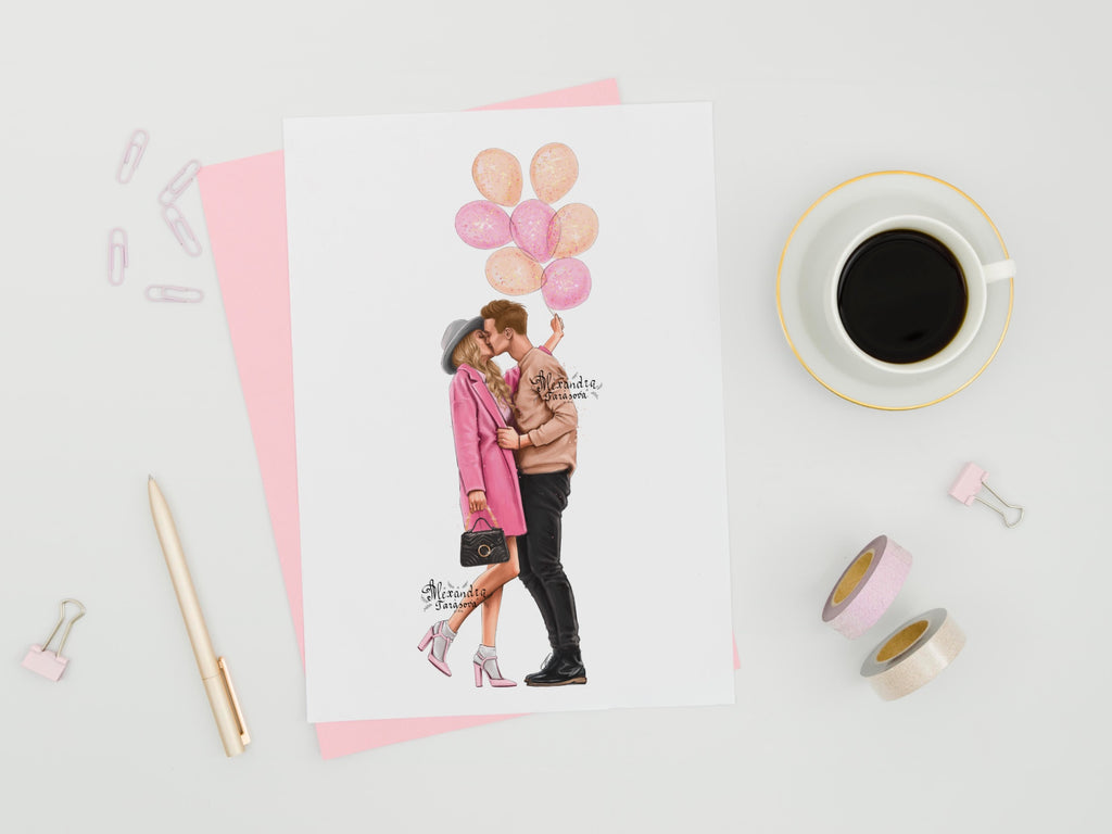 Digital Watercolor Illustration Fashion Drawing Instant Download Love Couple Pink Printable Art 14 February Clipart Stickers