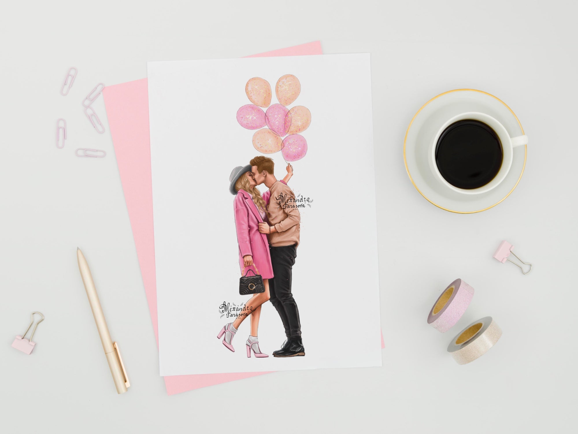 Digital Watercolor Illustration Fashion Drawing Instant Download Love Couple Pink Printable Art 14 February Clipart Stickers