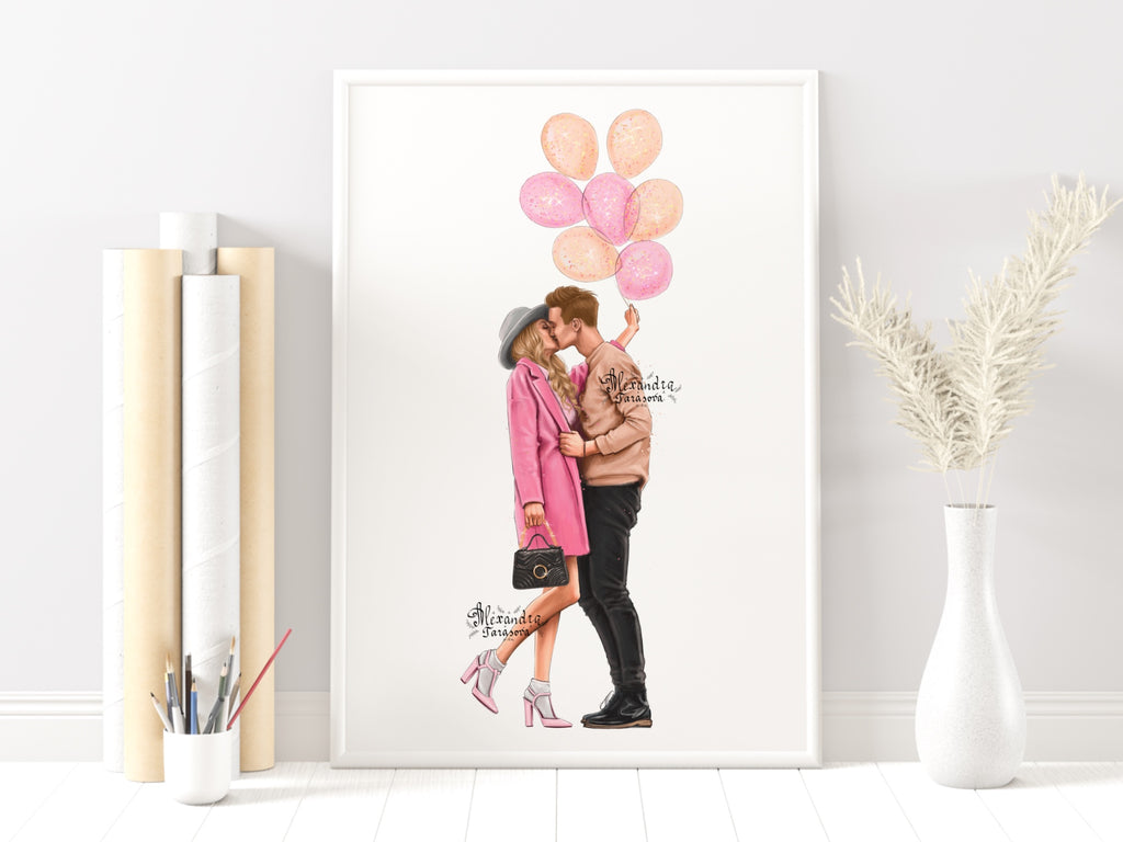 Digital Watercolor Illustration Fashion Drawing Instant Download Love Couple Pink Printable Art 14 February Clipart Stickers