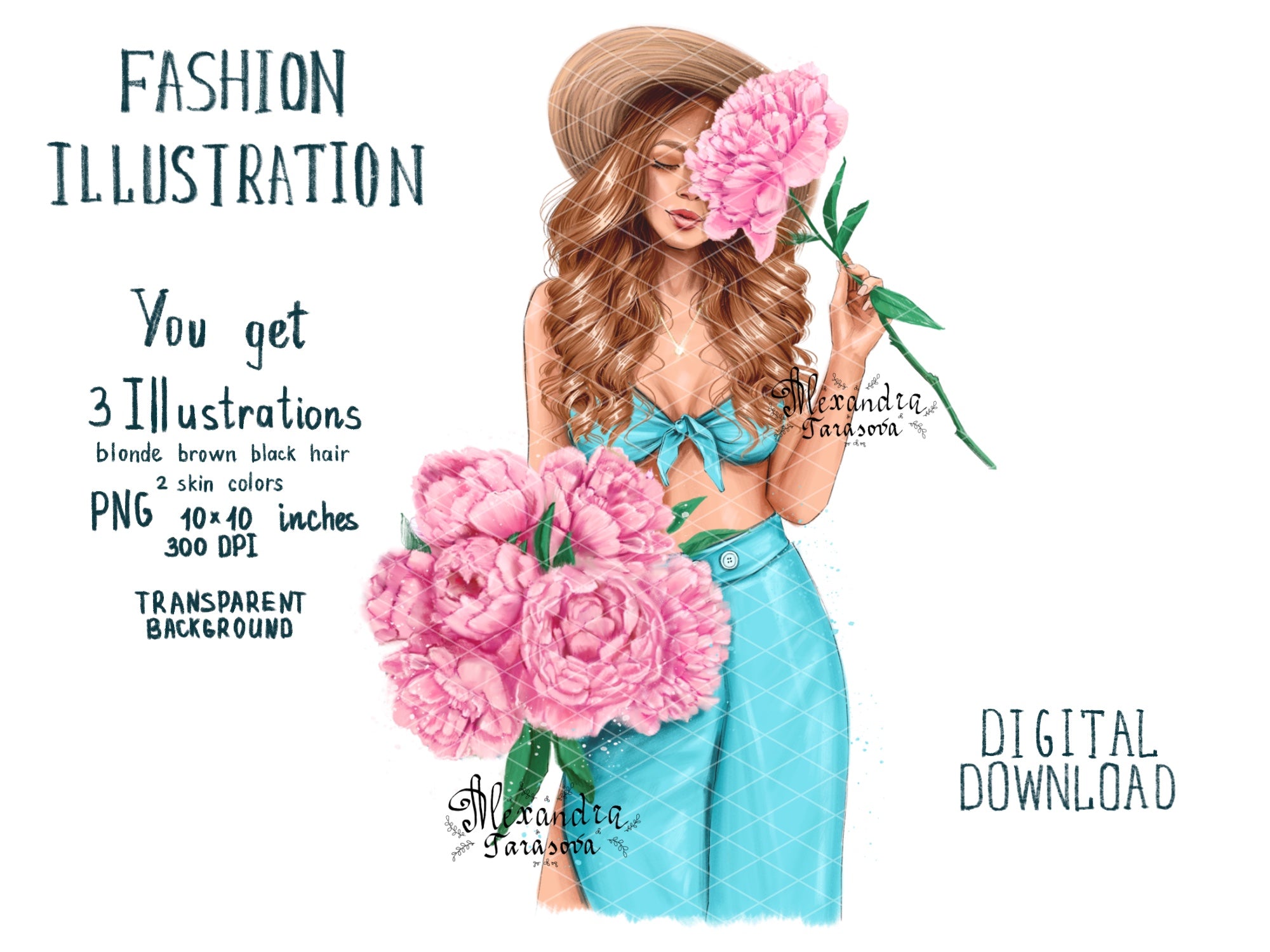 Instant Download Fashion Girl Blue Dress Trendy Hairstyles Printable Art Drawing Picture Clipart Planner Dashboard Cover Pink Flowers