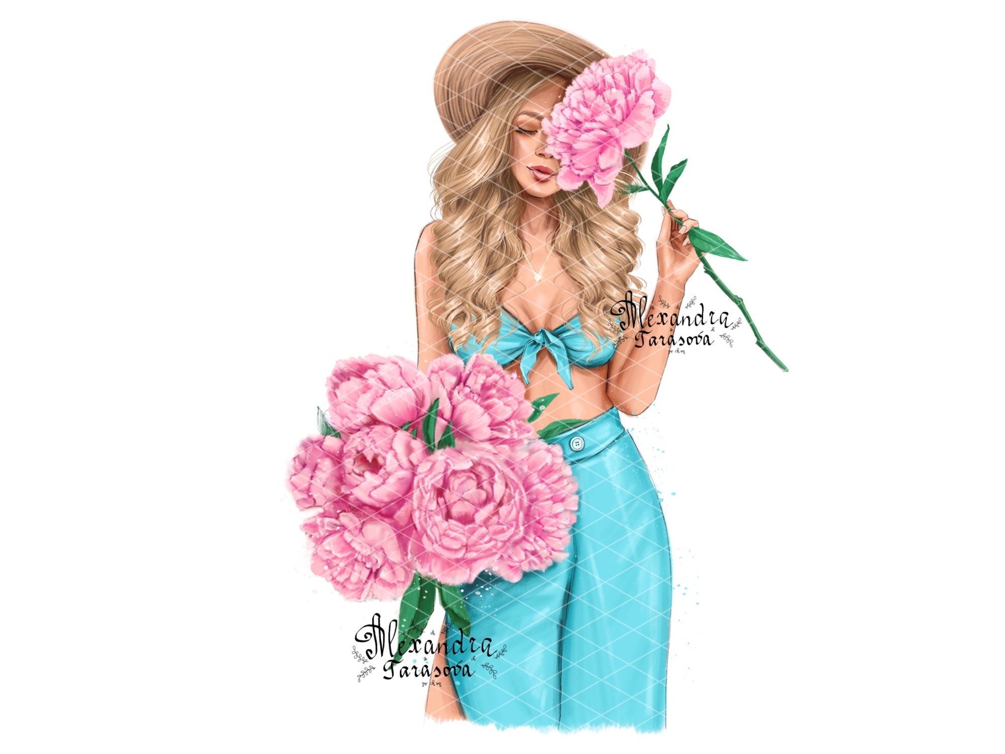 Instant Download Fashion Girl Blue Dress Trendy Hairstyles Printable Art Drawing Picture Clipart Planner Dashboard Cover Pink Flowers