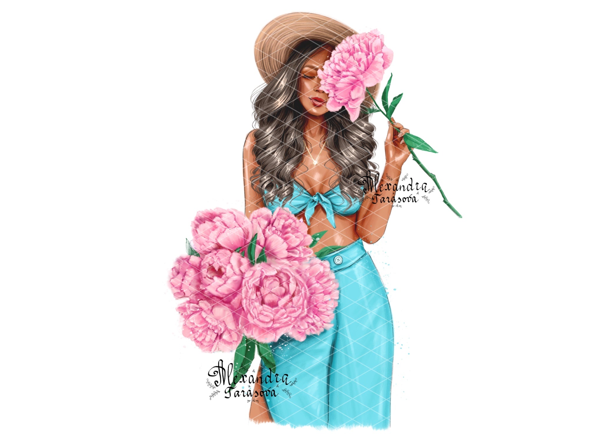 Instant Download Fashion Girl Blue Dress Trendy Hairstyles Printable Art Drawing Picture Clipart Planner Dashboard Cover Pink Flowers