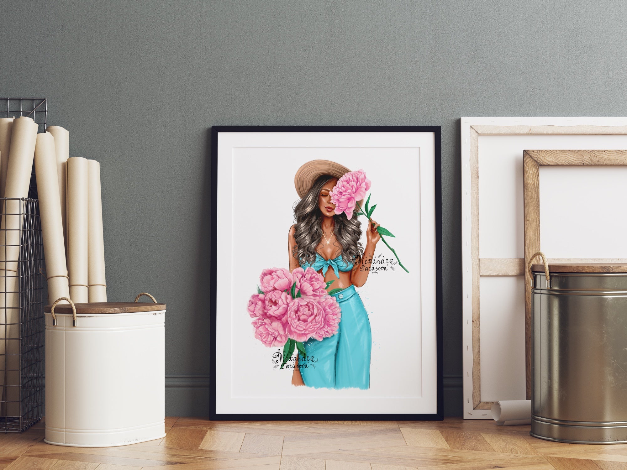 Instant Download Fashion Girl Blue Dress Trendy Hairstyles Printable Art Drawing Picture Clipart Planner Dashboard Cover Pink Flowers