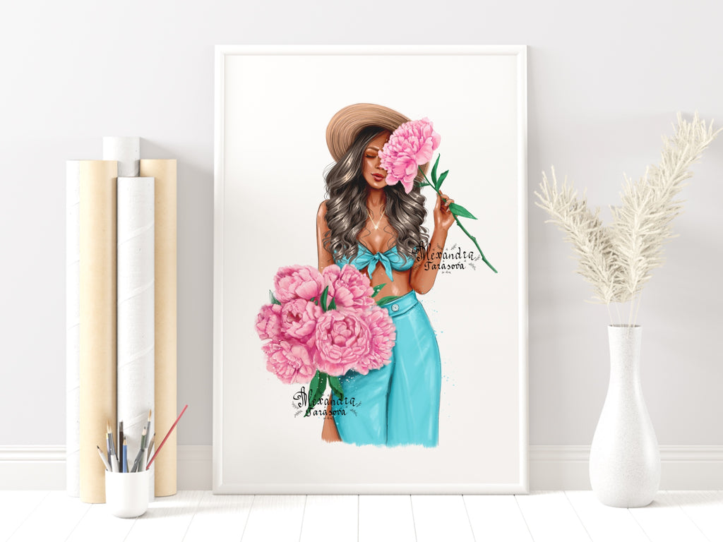 Instant Download Fashion Girl Blue Dress Trendy Hairstyles Printable Art Drawing Picture Clipart Planner Dashboard Cover Pink Flowers