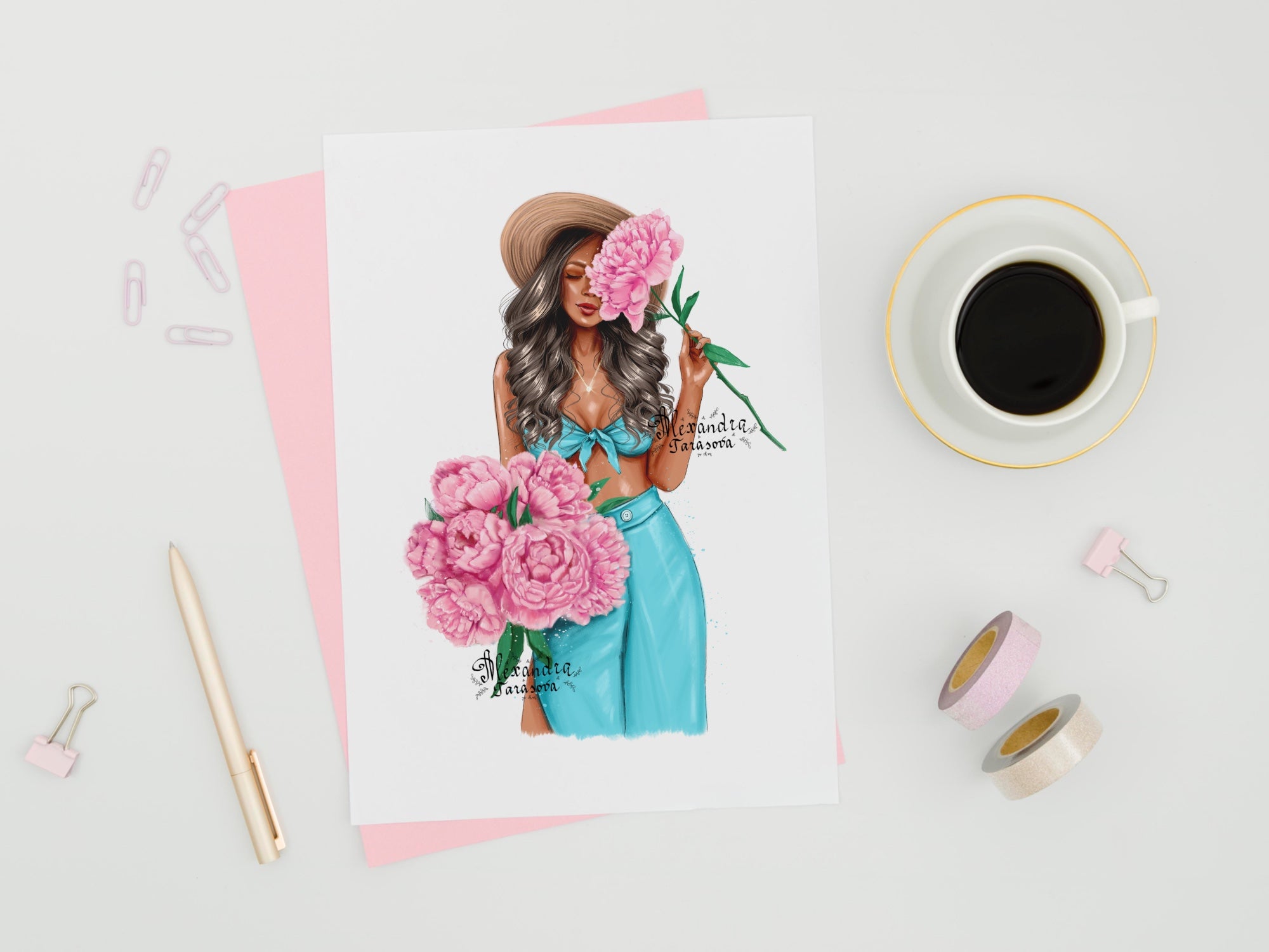 Instant Download Fashion Girl Blue Dress Trendy Hairstyles Printable Art Drawing Picture Clipart Planner Dashboard Cover Pink Flowers