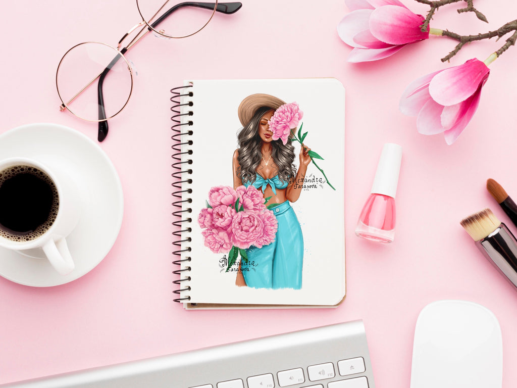 Instant Download Fashion Girl Blue Dress Trendy Hairstyles Printable Art Drawing Picture Clipart Planner Dashboard Cover Pink Flowers