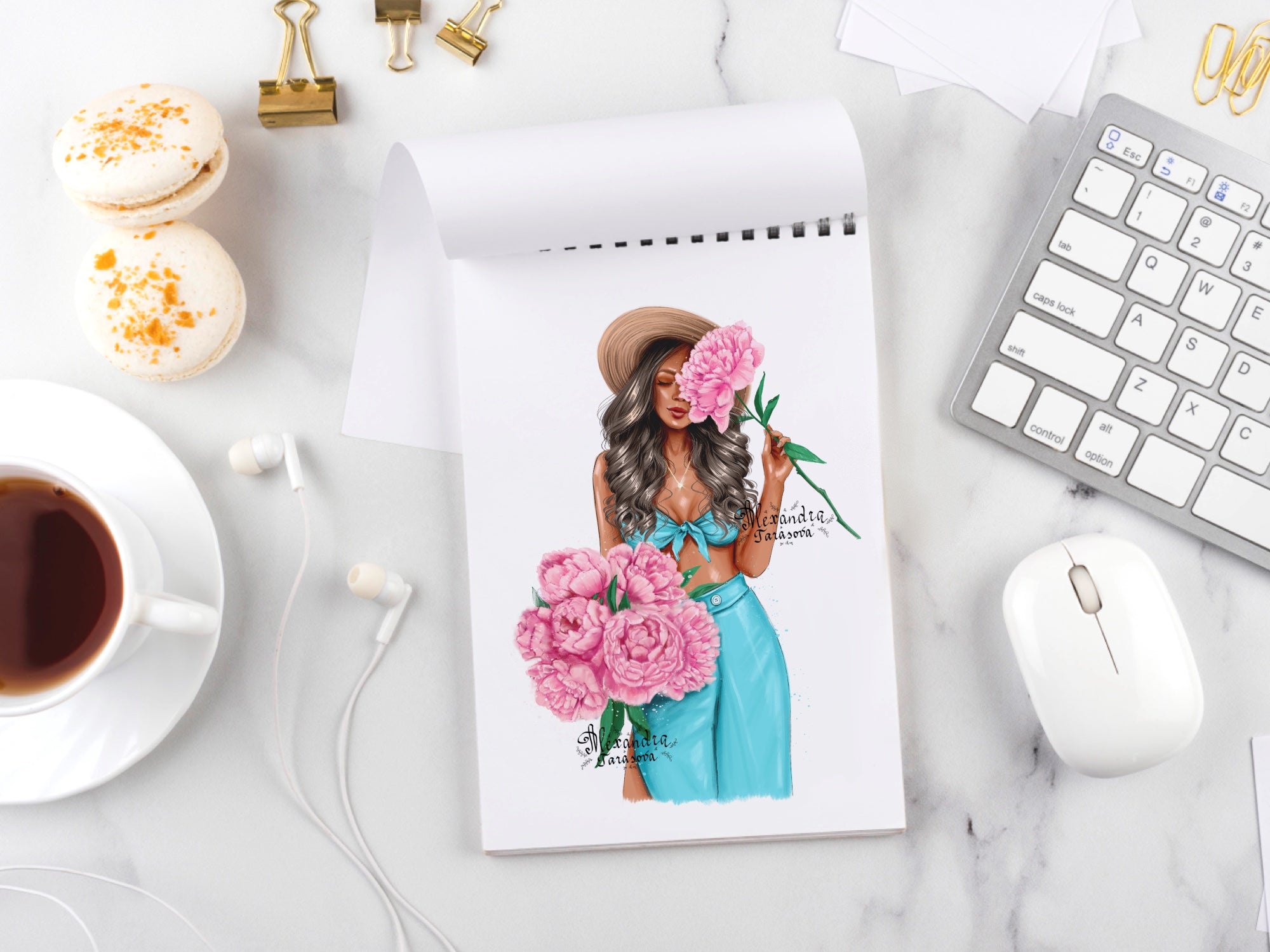Instant Download Fashion Girl Blue Dress Trendy Hairstyles Printable Art Drawing Picture Clipart Planner Dashboard Cover Pink Flowers
