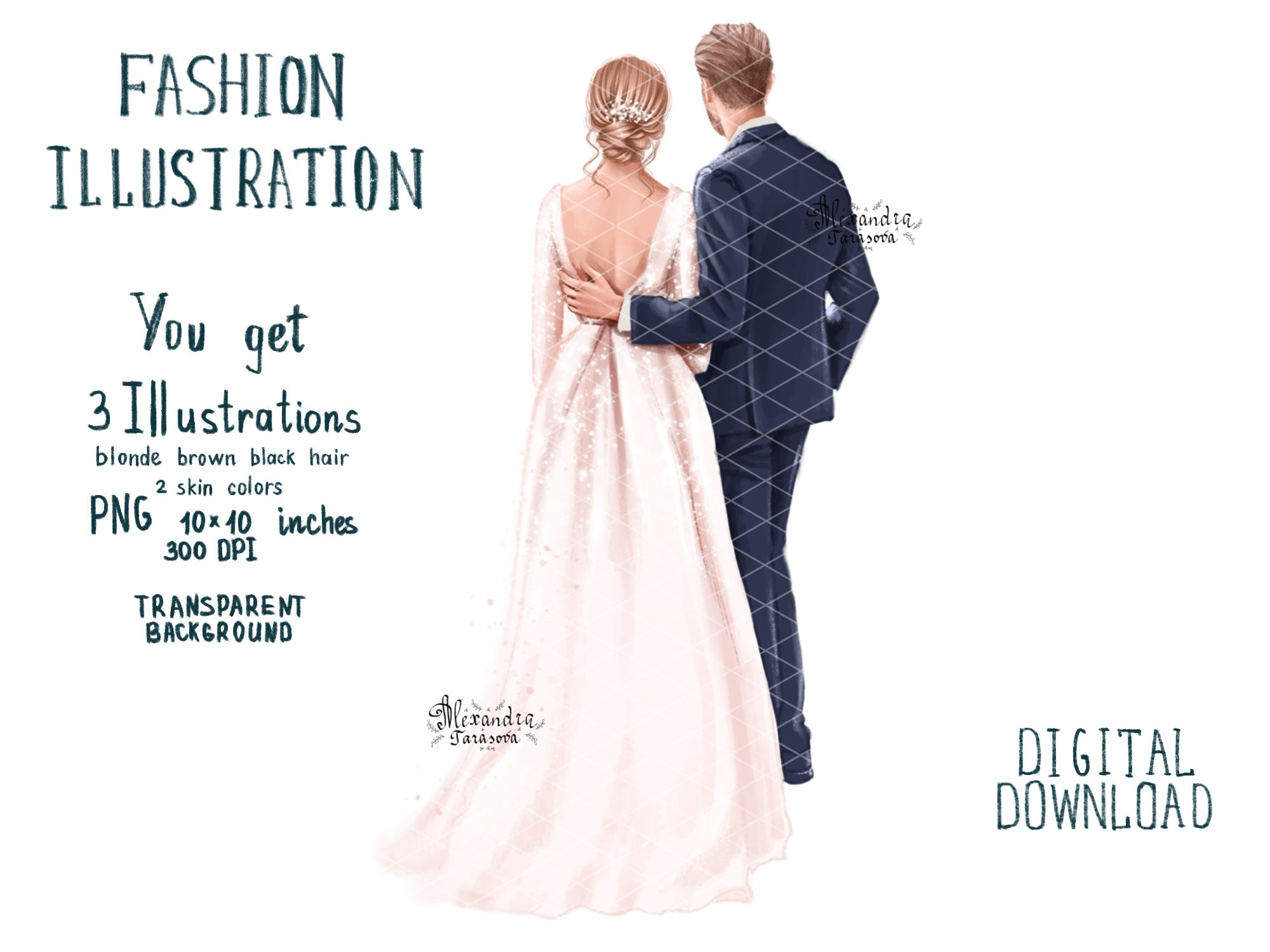 Digital Watercolor Illustration Fashion Family Wedding Printable Art Watercolor Painting Clipart Cover Planner Dashboard