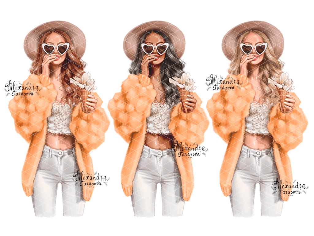 Instant Download Fashion Illustration Stylish Girl Watercolor Painting Printable Art  Trendy Hairstyles Clipart Stickers Spring Flowers