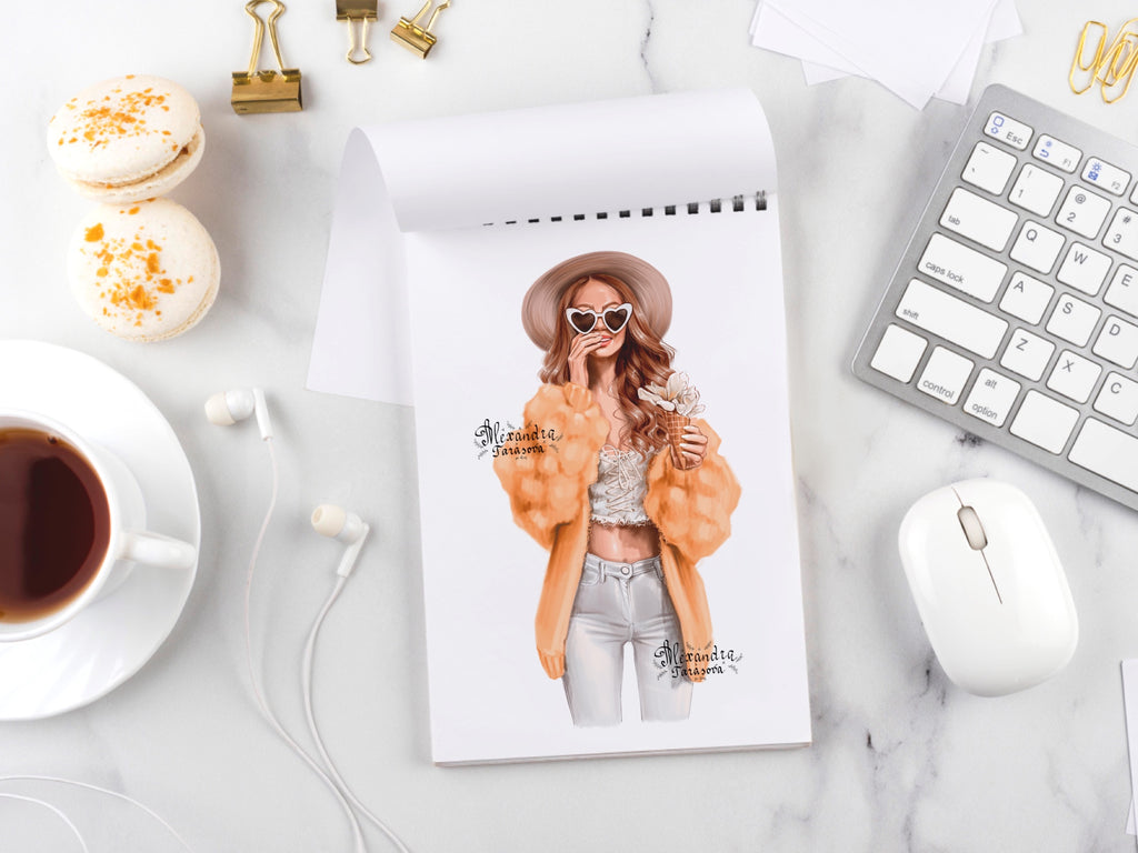 Instant Download Fashion Illustration Stylish Girl Watercolor Painting Printable Art  Trendy Hairstyles Clipart Stickers Spring Flowers