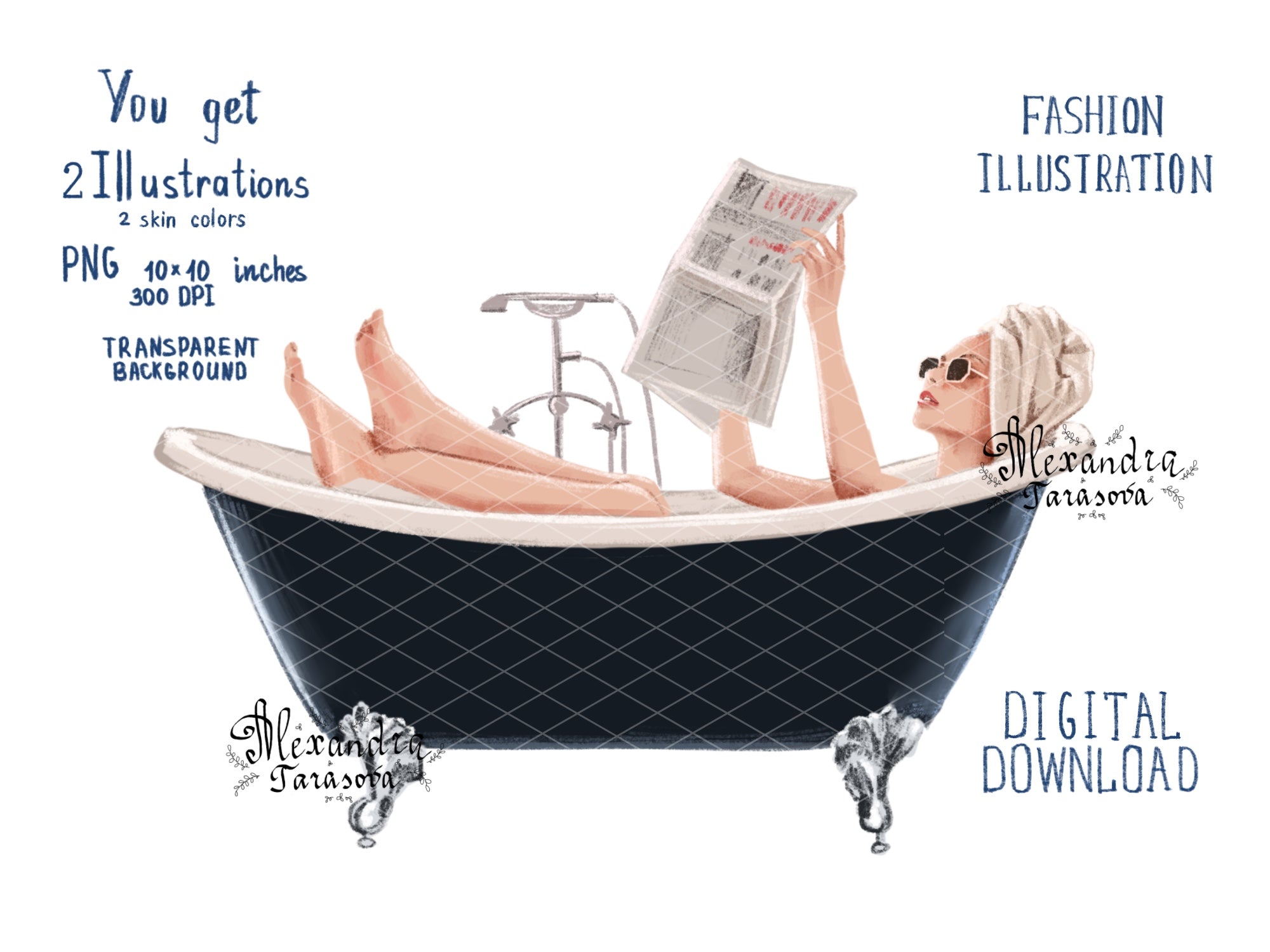 Digital Watercolor Illustration Fashion Girl Trendy Bath Stylish Bathroom Handmade Printable Art