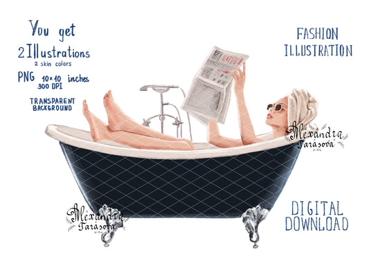 Digital Watercolor Illustration Fashion Girl Trendy Bath Stylish Bathroom Handmade Printable Art