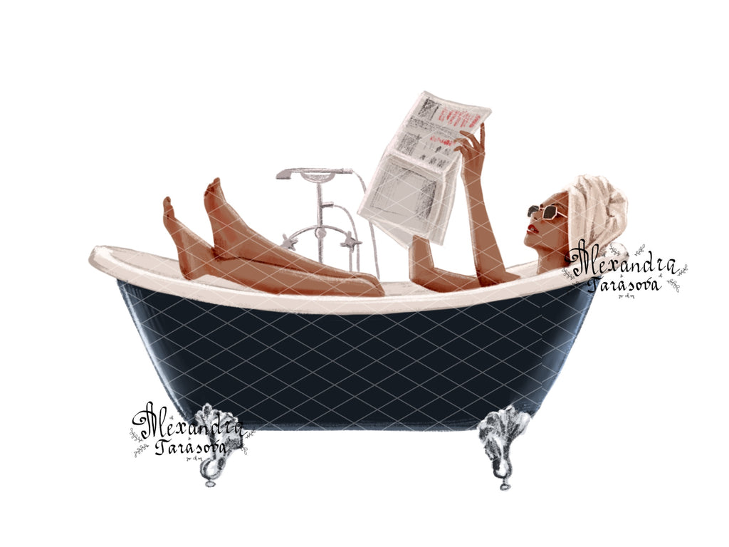 Digital Watercolor Illustration Fashion Girl Trendy Bath Stylish Bathroom Handmade Printable Art