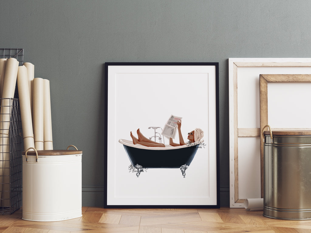 Digital Watercolor Illustration Fashion Girl Trendy Bath Stylish Bathroom Handmade Printable Art