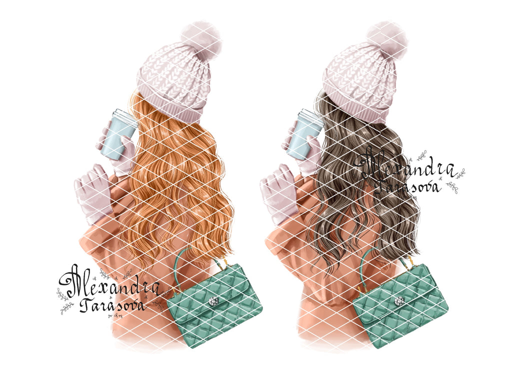 Digital Watercolor Illustration Fashion Girl Christmas Gifts Trendy Hairstyles Winter Holiday Watercolor Painting Printable Art