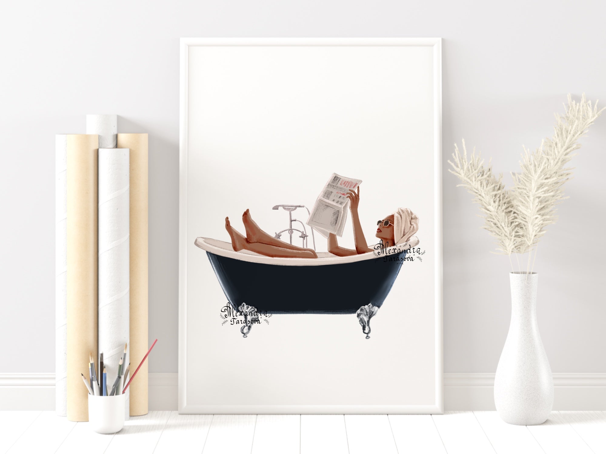 Digital Watercolor Illustration Fashion Girl Trendy Bath Stylish Bathroom Handmade Printable Art