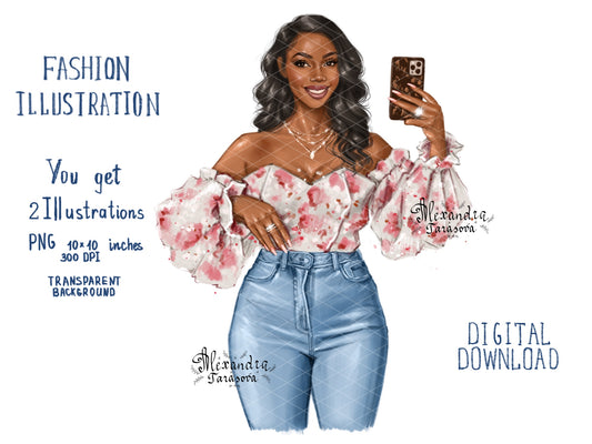 Digital Watercolor Illustration Beautiful Boss Lady Clipart Black Woman Printable Art Fashion Girl