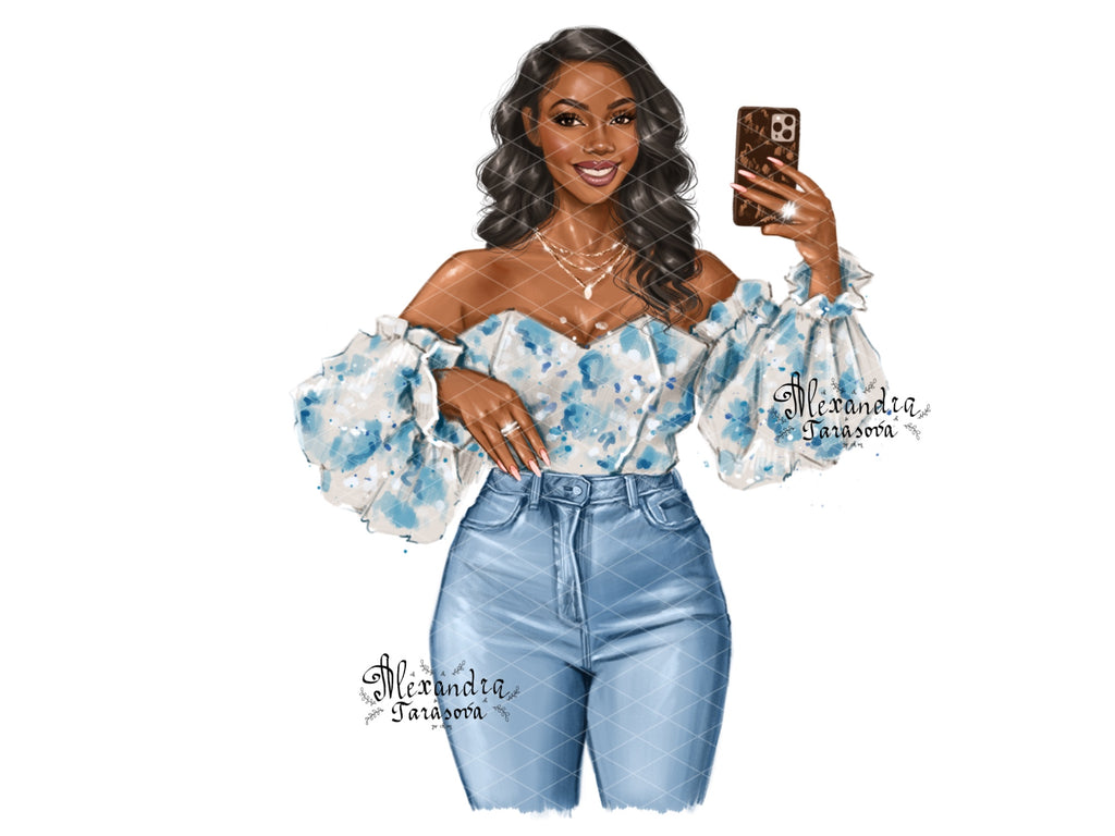 Digital Watercolor Illustration Beautiful Boss Lady Clipart Black Woman Printable Art Fashion Girl
