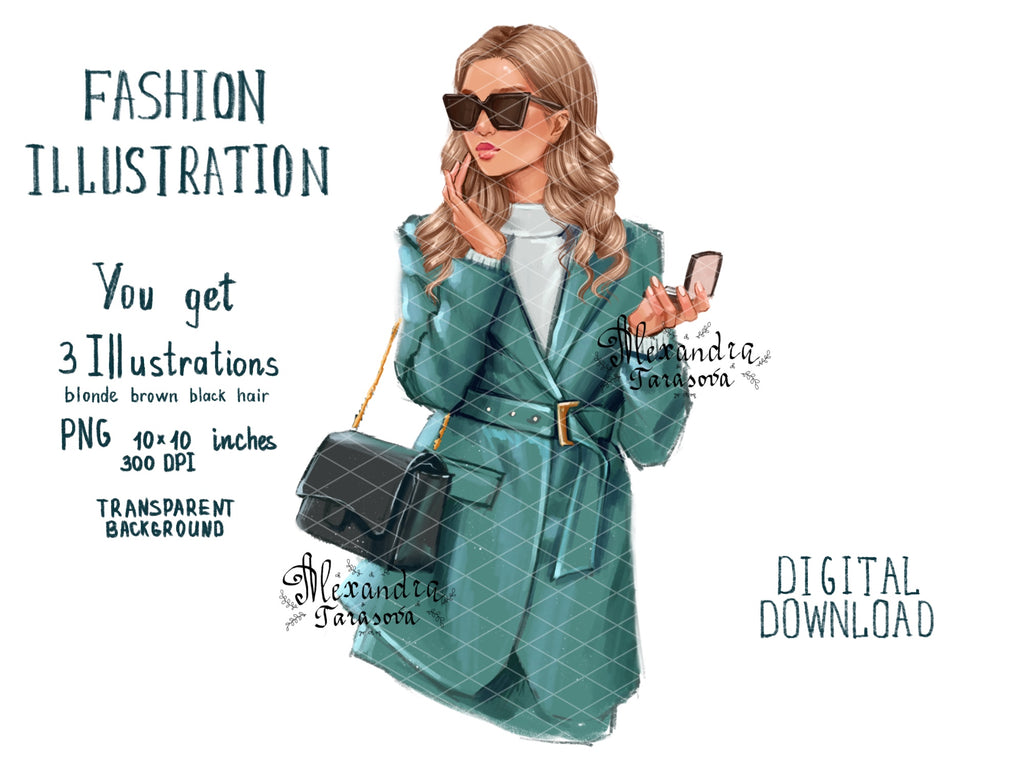 Digital Watercolor Illustration Fashion Outfit Beauty Girl Trendy Hairstyles Black Boss Woman Printable Art